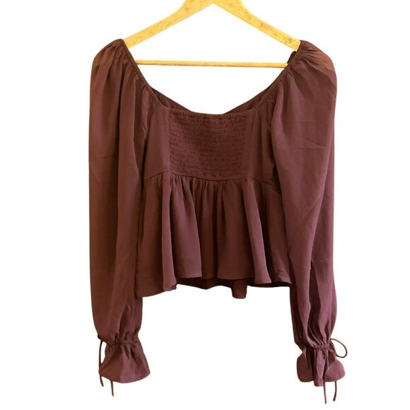 Abercrombie & Fitch Maroon Baby Doll Sheer Sleeve Blouse Small Smocked Back NWT - Picture 2 of 5
